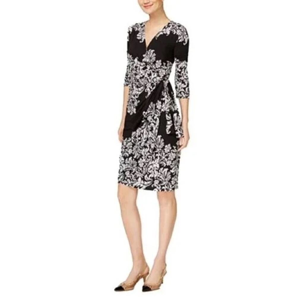 International Concepts Black White Paisley Wrap V Neck Dress Medium Careerwear